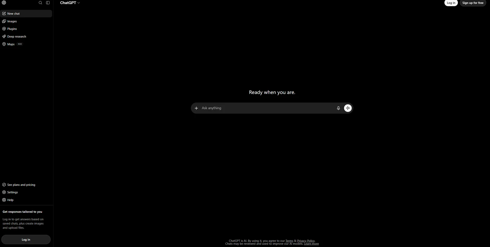 The ChatGPT chat screen: a sidebar on the left, an Ask anything message box in the centre, a plus button inside it and the model name at the top.