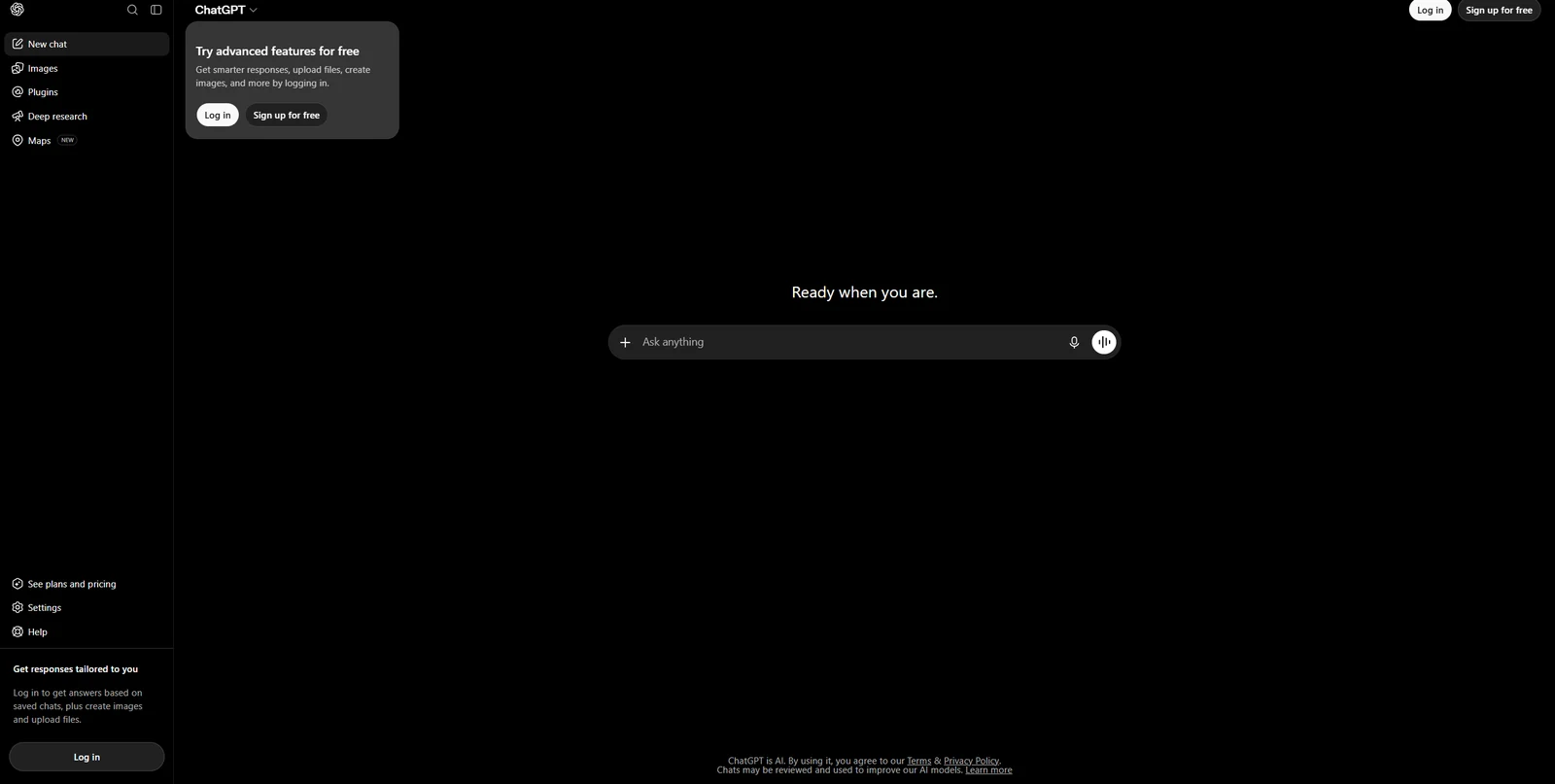 The ChatGPT screen showing a panel that offers Log in and Sign up for free.