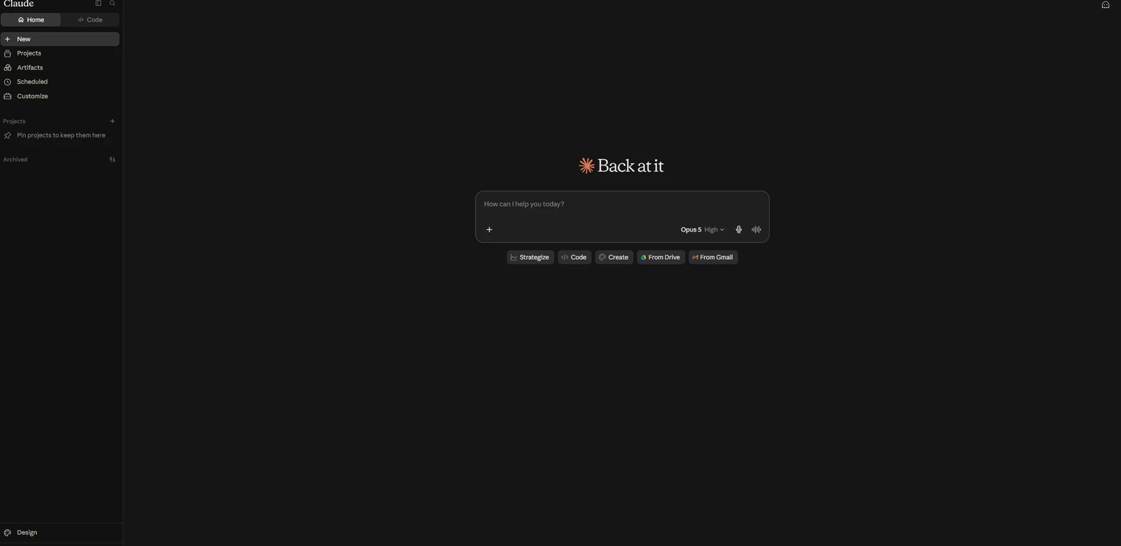 The Claude chat screen after signing in: a sidebar on the left, a large message box in the middle, an attach button and a model name inside it.
