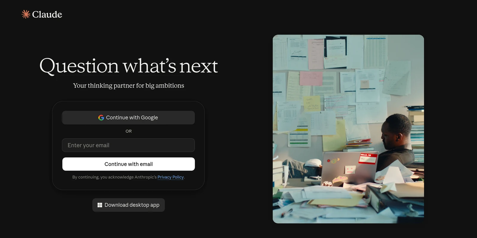 The Claude sign-in screen: a Continue with Google button, an email field, and a Continue with email button.