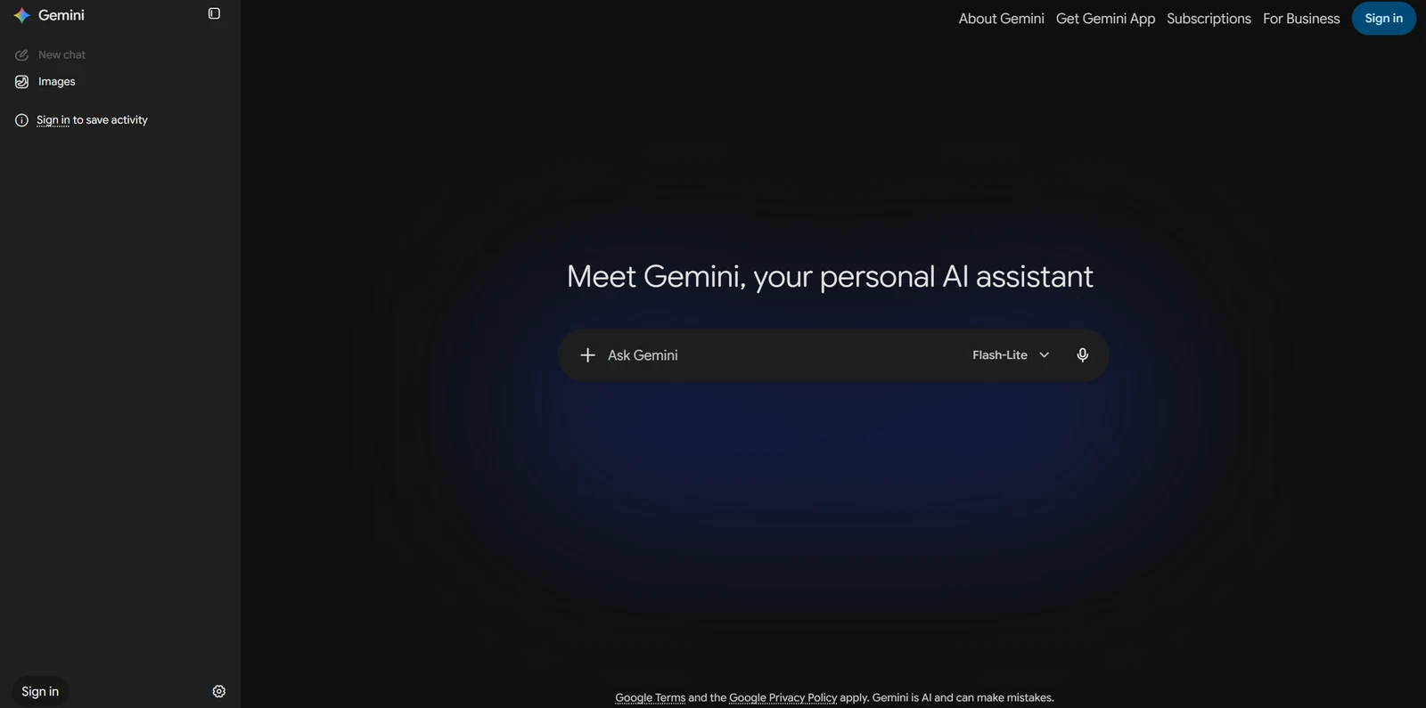 The Gemini screen with a Sign in button top right and a note reading Sign in to save activity.